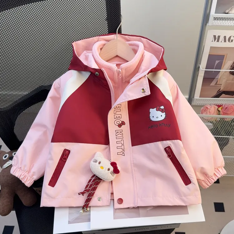 女童三合一冲锋衣洋气儿童秋冬装新款女宝宝加绒卡通连帽外套女孩