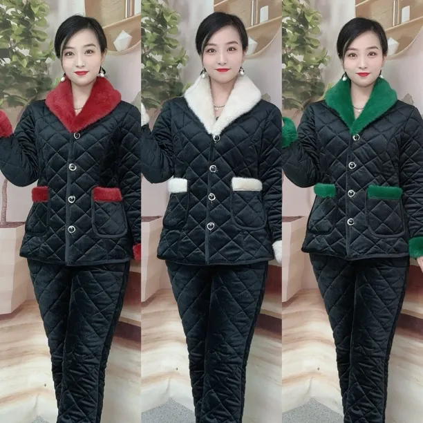 【新款】中老年妈妈冬季加绒加厚保暖棉衣棉裤套装时尚大码女装