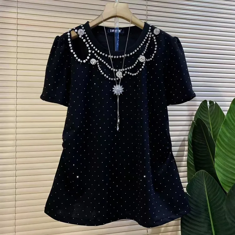 P胖mm欧货时尚新款重工烫钻亮钻拼接气质显瘦短袖上衣