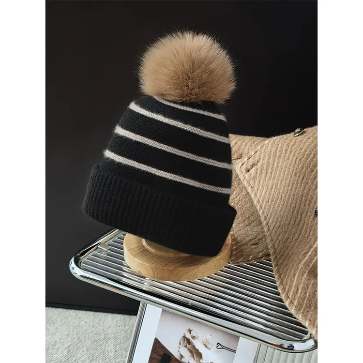 美洋MEIYANG 奶油拉花羊绒针织帽 山羊绒|可拆卸毛球条纹帽