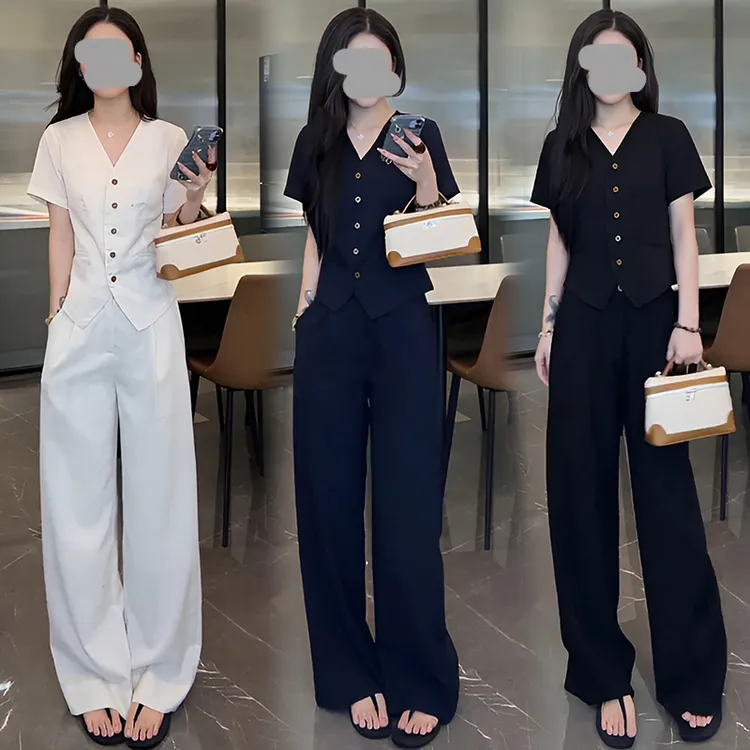 时尚轻奢套装女夏季2026新款轻薄短袖V领上衣+高腰阔腿裤两件套
