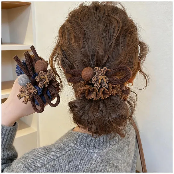 日韩豹纹小熊毛毡球发圈女高级感花边发绳低马尾扎头发皮圈头绳