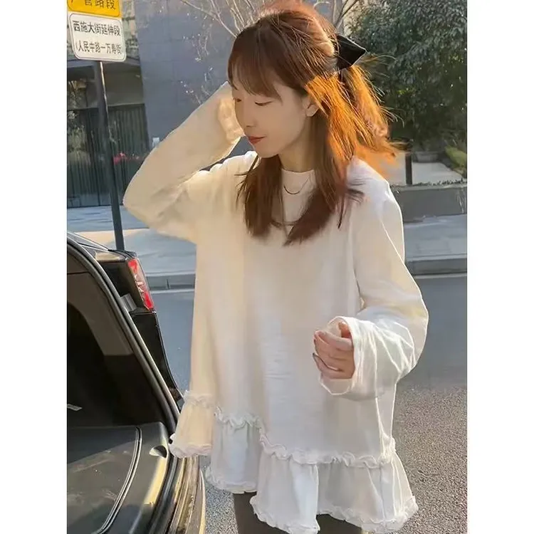 早春款甜美下摆木耳边花边长袖打底设计感简约百搭宽松打底T恤