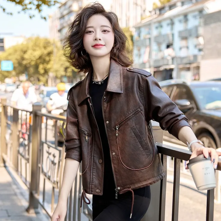 高端PU皮衣外套女2025春秋小个子美式复古扎染宽松休闲皮夹克上衣