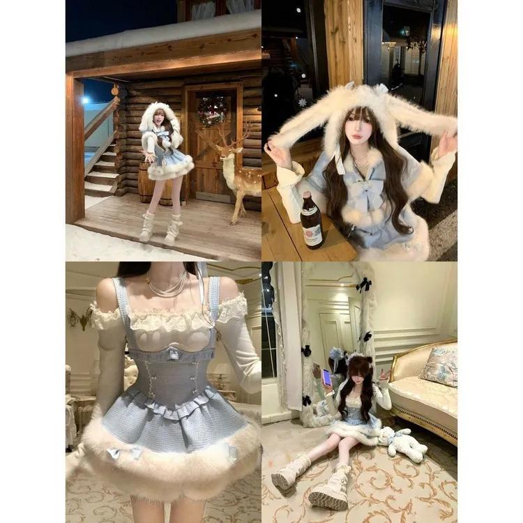 氛围感甜美少女感蝴蝶结毛绒绒斗篷外套收腰显瘦双排扣背带裙套装