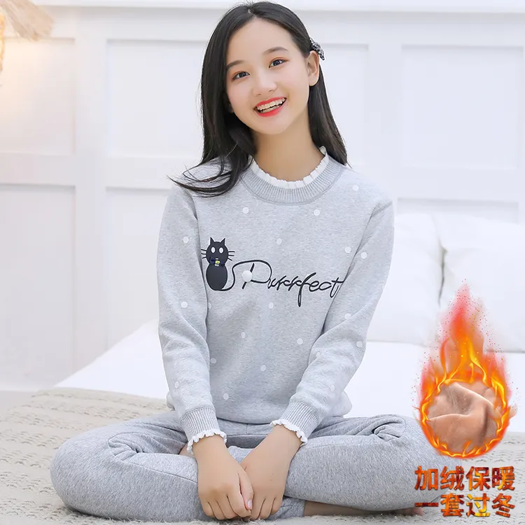 青少年保暖内衣女加厚加绒学生中学生高中大童秋衣秋裤棉套装秋冬