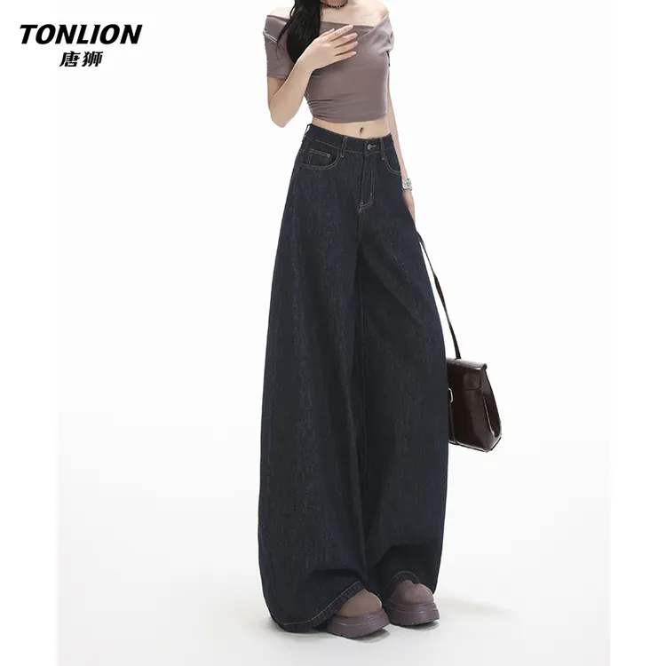 唐狮美式松弛感甜酷黑色阔腿牛仔裤女早秋新款高腰垂感直筒裤子