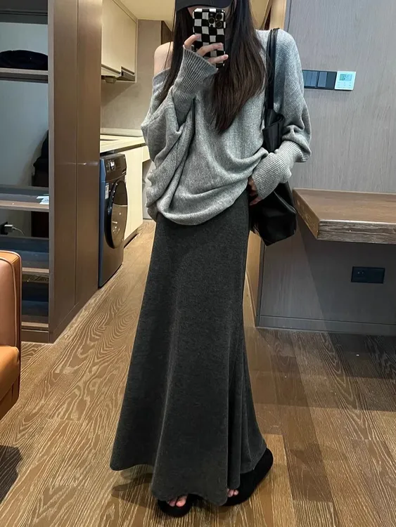 2025秋冬新款鱼尾裙女百搭气质a字裙包臀裙显瘦针织半身裙中长裙