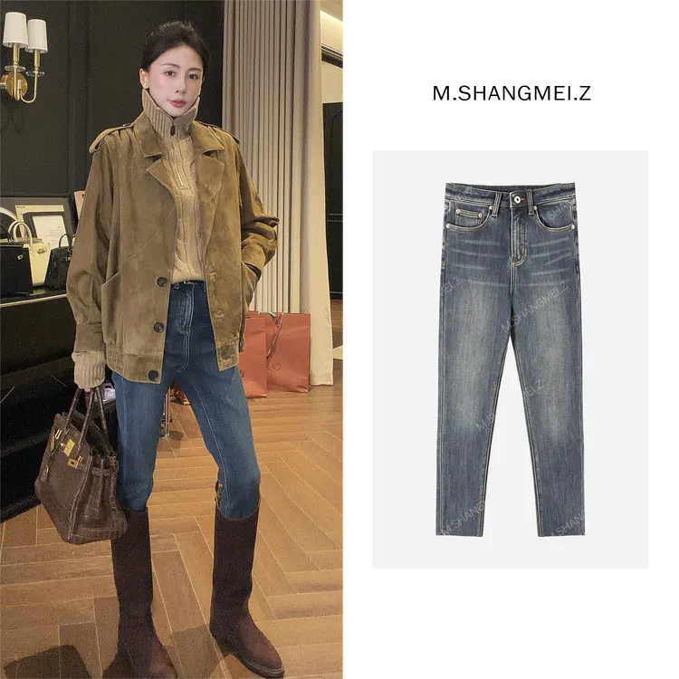M.SHANGMEI.Z/沐熙【暖暖牛仔】美大哥显瘦厚款羽绒牛仔裤X113345