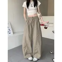 （现货+运费险）卡其色高腰松紧腰弯刀牛仔裤女宽松垂感美式长裤