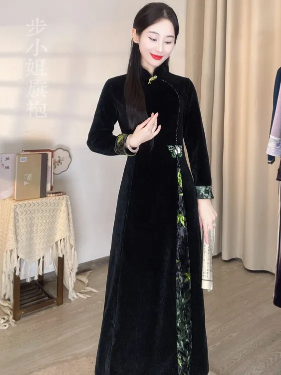 （步小姐-黑蝶）冬款加厚高端气质复古日常中国风日常旗袍裙