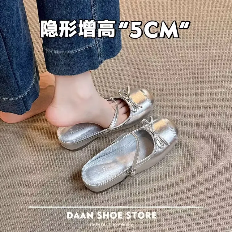 2025软皮新款夏季内增高蝴蝶结银色玛丽单鞋法式包头半拖鞋女外穿