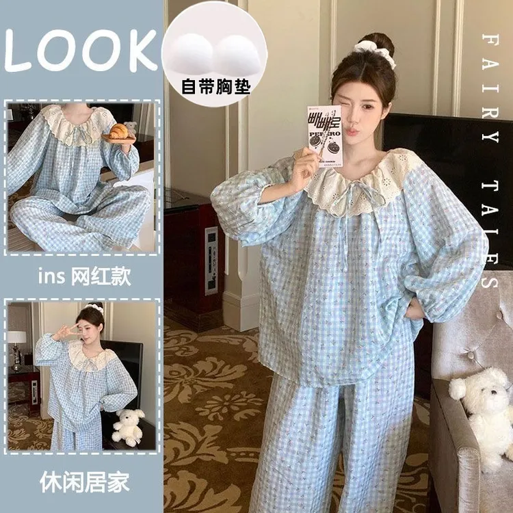 睡衣女春秋5A小清新睡衣简约韩版网红ins家居服100%云朵棉带胸垫