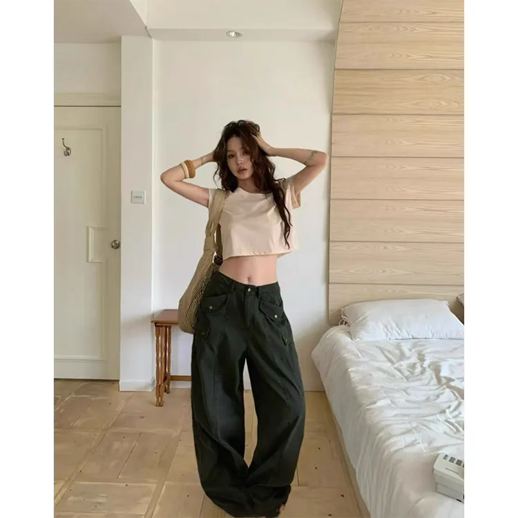 夏季新款辣妹斜肩纯色简约气质上衣T恤百搭显瘦休闲阔腿裤长裤女