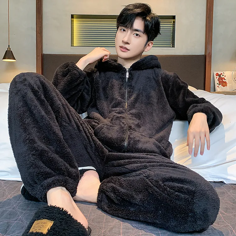 新款加绒加厚冬季男士睡衣珊瑚绒大码防寒保暖拉链冬天男款家居服