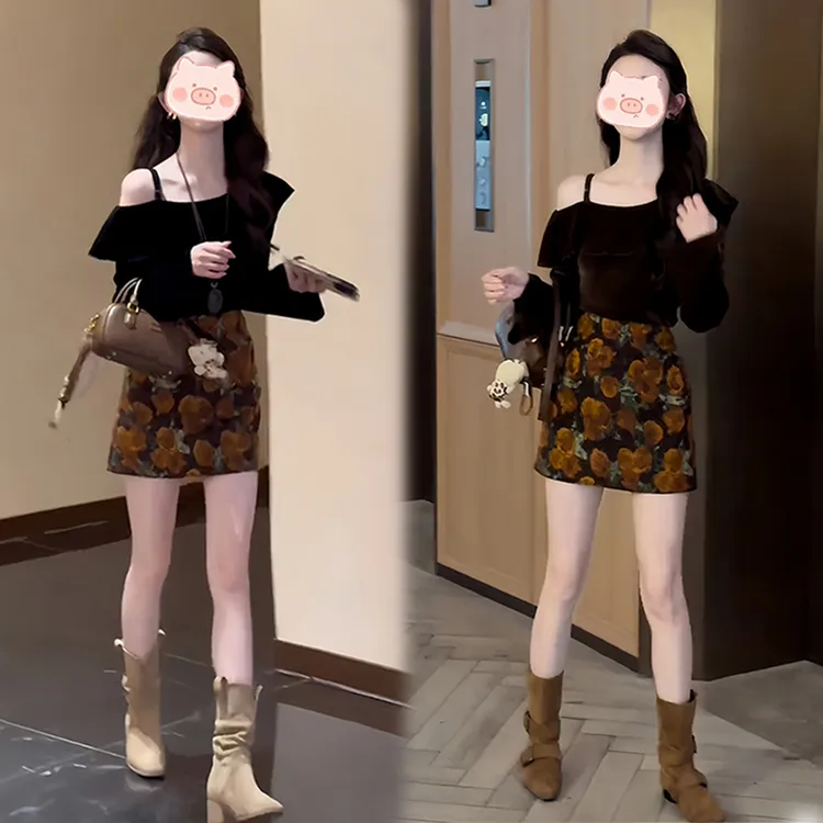 巨好看的两件套早秋新款韩系时尚减龄露肩长袖t恤碎花半身裙套装