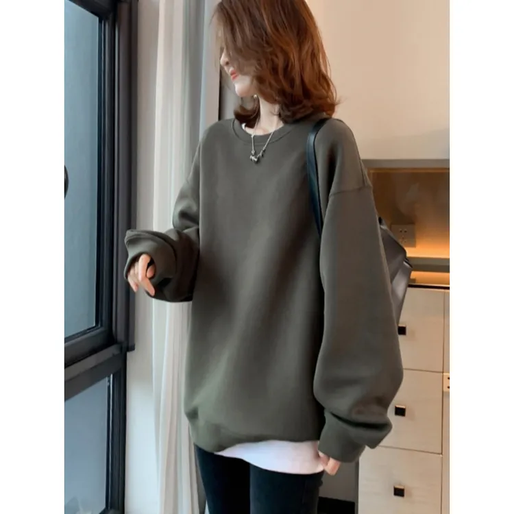 高端纯色加厚加绒卫衣女2025新款爆款秋冬季圆领韩版大码胖mm宽松