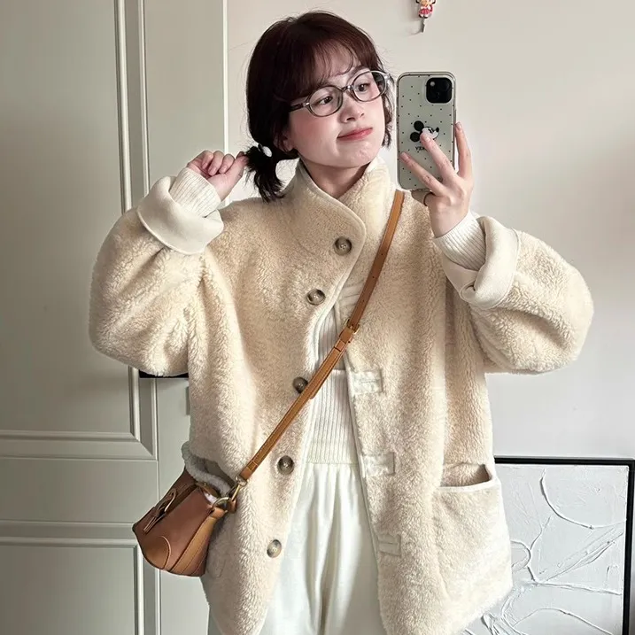 毛毛外套秋冬休闲风外套皮毛一体高领单排扣毛呢外套立领夹克加厚