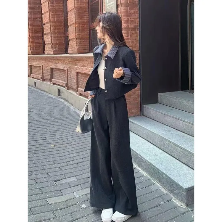 【现48H】秋季套装超火轻奢高级感时尚气质阔腿长裤西服套装AM25935