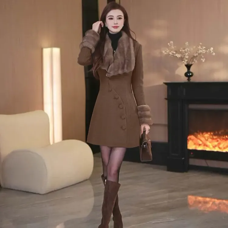 【有里布】赫本风大衣长短款连衣裙收腰秋冬新款LJ0249