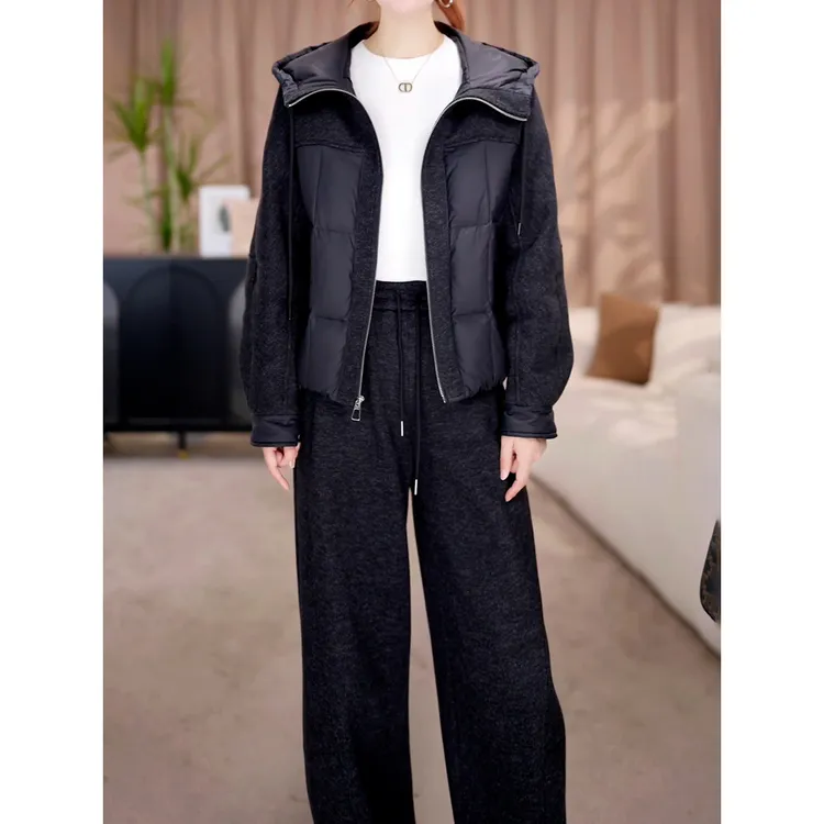 时尚洋气高级感套装2025秋冬新款拼接连帽夹羽绒外套+长裤两件套