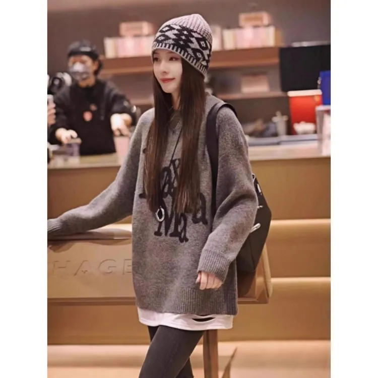 灰色毛衣秋冬女款2025新款冬季遮屁股洋气独特漂亮假两件针织上衣