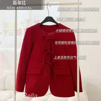 【胖小仙】<新年红>秋冬时尚气质蝴蝶结红色保暖羽绒长袖上衣