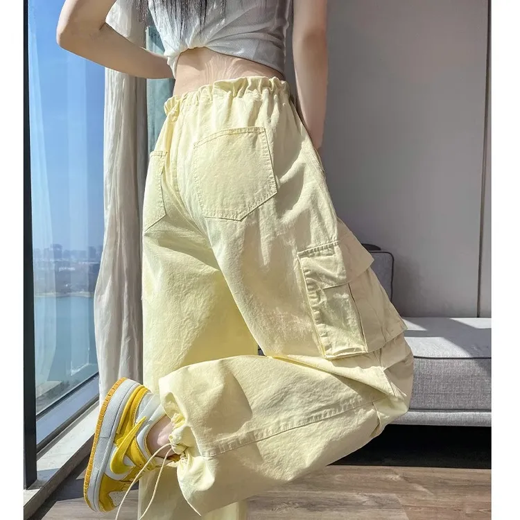奶黄色美式束脚工装裤女夏季2025新款欧若风小个子冲锋阔腿登山裤