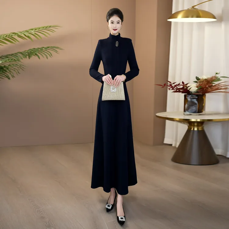 气质藏蓝色显白连衣裙2025秋冬加绒加厚收腰遮肉显瘦保暖长裙263