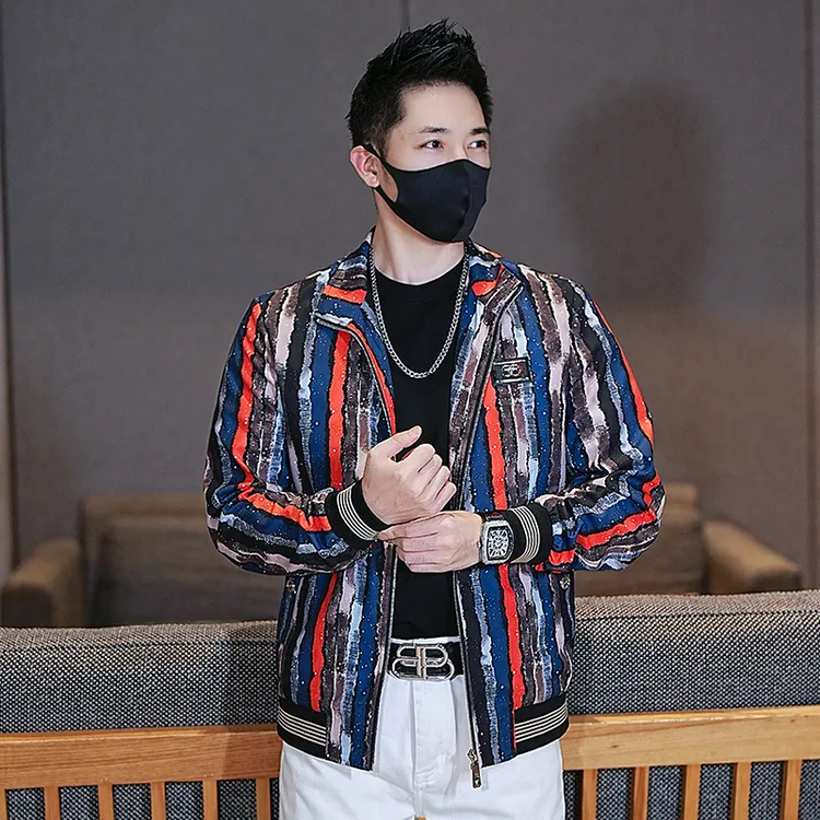 2025秋季潮牌时尚简约撞色印花夹克男士潮流个性帅气修身外套