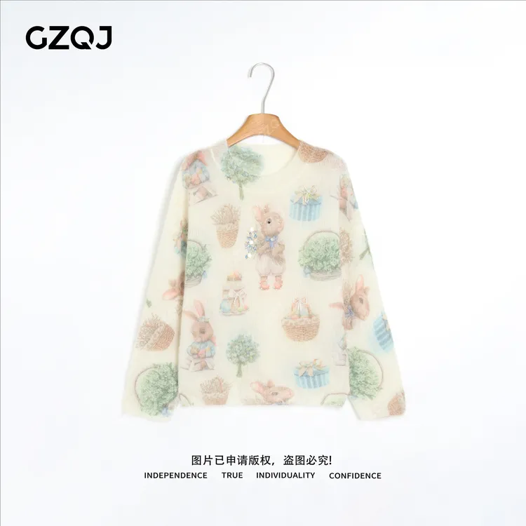 老琴私服【梦幻萌兔】温柔风慵懒套头兔子钉珠针织毛衣女秋冬款1827