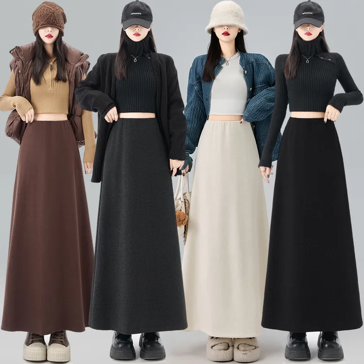 加绒加厚毛呢半身裙女秋冬新款a字裙高腰直筒包臀裙中长款伞裙