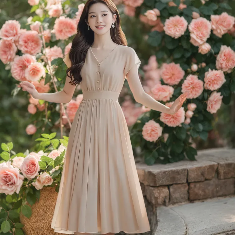 v领纯色雪纺连衣裙女2025新款夏季收腰气质高级感轻熟风中长裙子