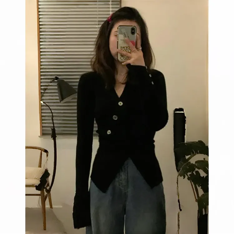 交叉收腰修身套头针织长袖内搭上衣女优质厚实纯欲又显瘦 V领毛衣