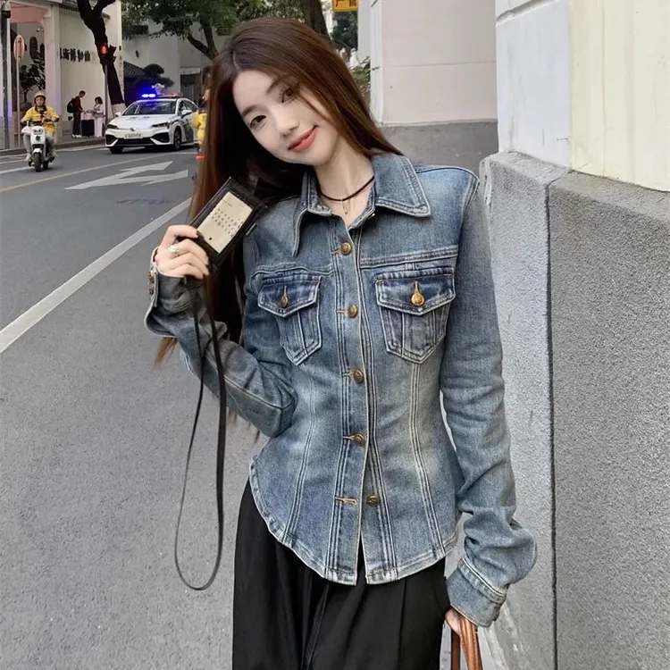 美式复古蓝色polo领牛仔衬衫女装冬季高级感收腰修身显瘦外套上衣