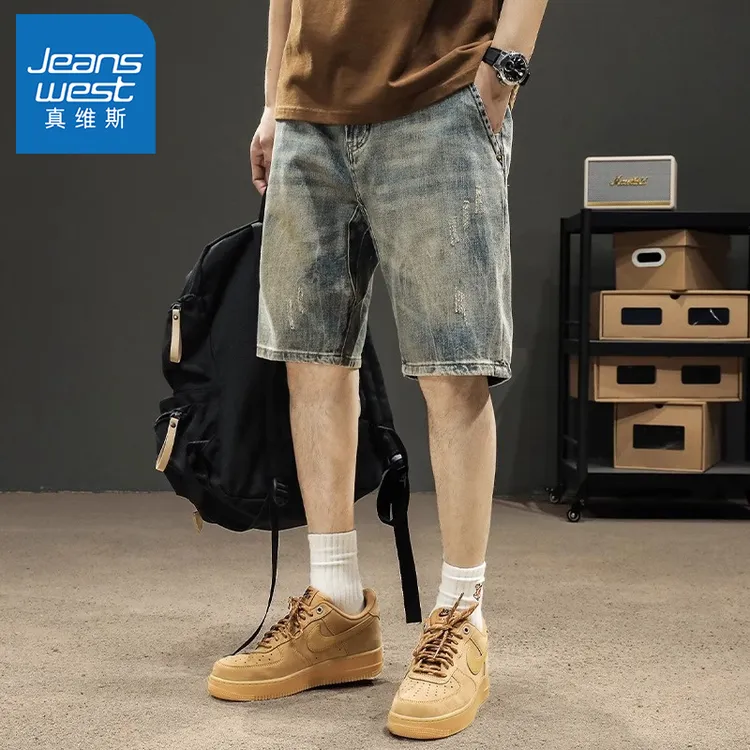 真维斯复古牛仔短裤男士夏季薄款美式潮流宽松直筒五分休闲中裤子
