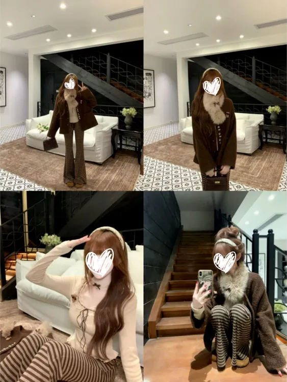 琥珀流光秋冬气质显瘦网红风毛毛短外套上衣+条纹休闲长裤套装女