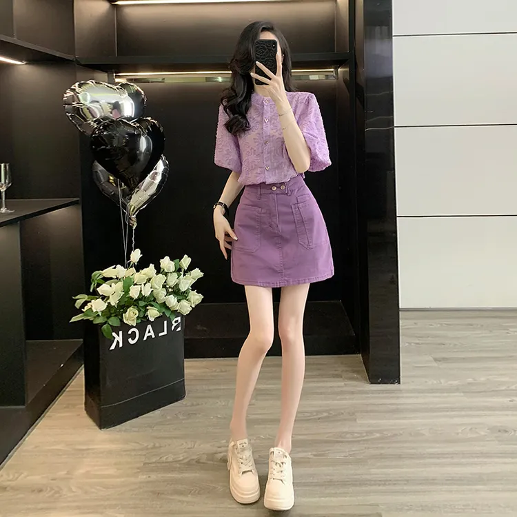 气质紫色开衫衬衣女夏泡泡袖衬衫法式独特上衣A字牛仔半身裙短裙