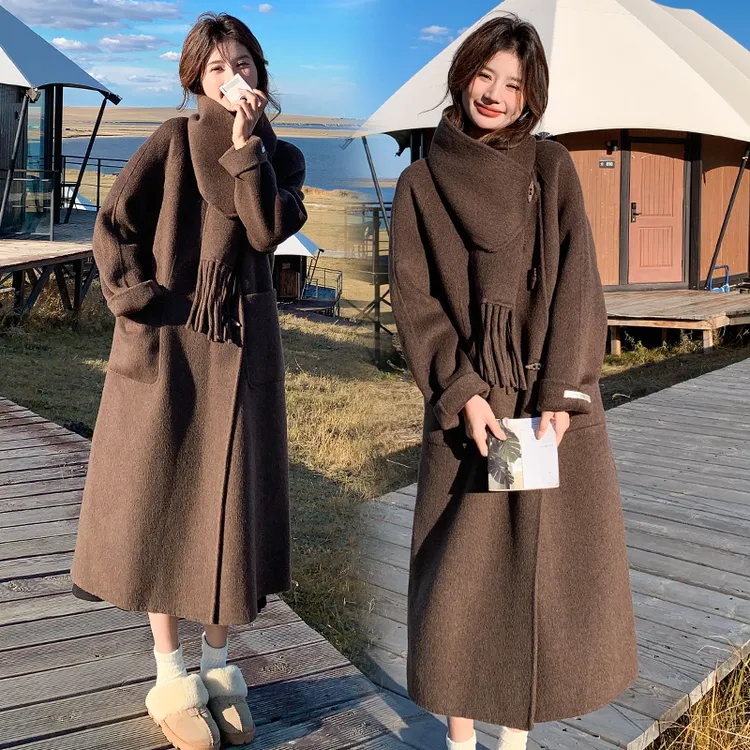 韩版加厚中长款双面羊绒大衣女2025年秋冬季新款显瘦围巾呢子外套
