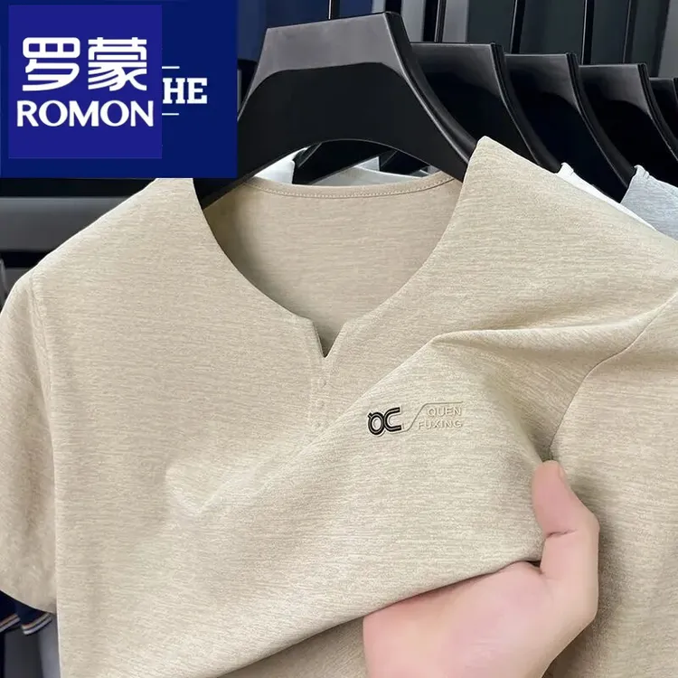 Romon/罗蒙夏季新款透气男士冰丝短袖T恤宽松鸡心领纯色半袖体恤