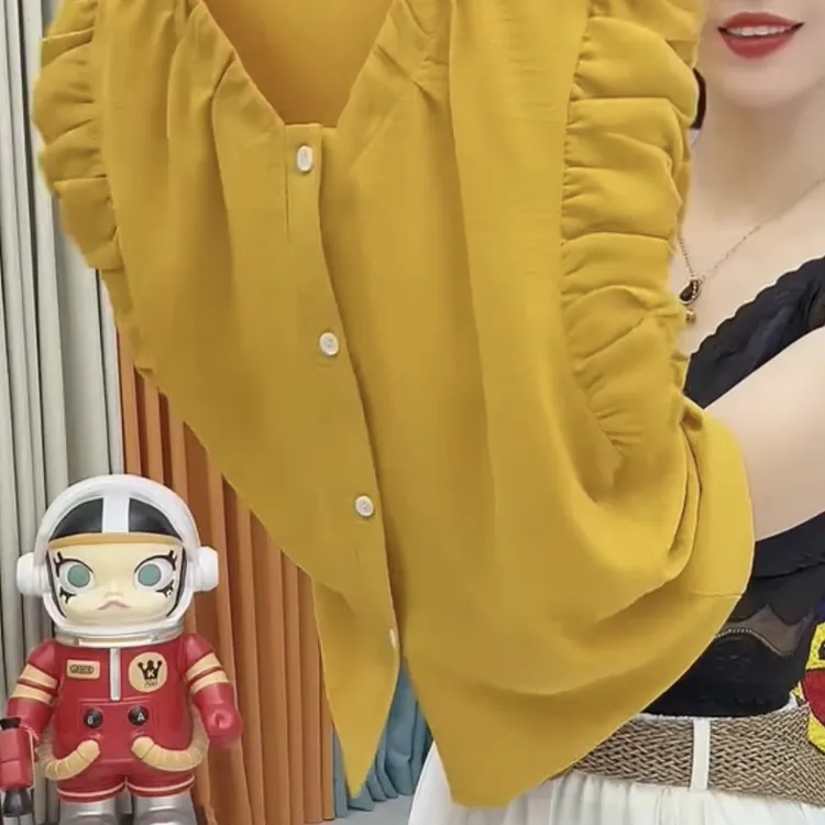 时尚减龄圆领褶皱无袖衬衫女气质百搭简约通勤纯色上衣