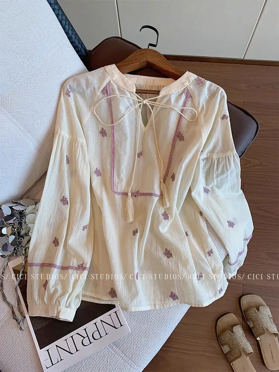 秋季松弛感刺绣长袖衬衫上衣女装通勤百搭慵懒风洋气宽松薄款衬衣