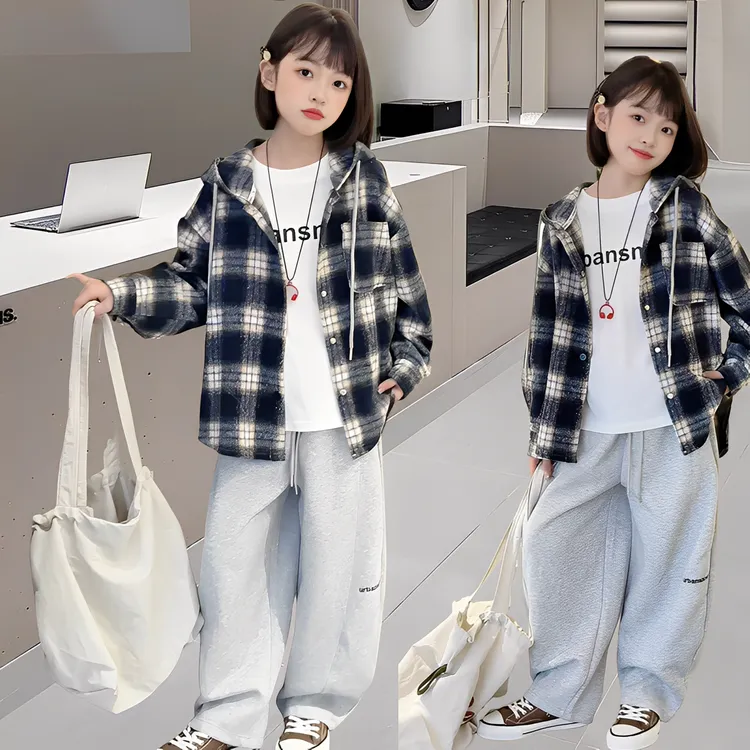 女童秋款格子外套2025新款儿童连帽上衣白色T恤休闲阔腿裤三件套