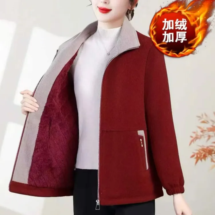 中老年妈妈秋冬加绒加厚平方领拉链毛呢时尚洋气外套