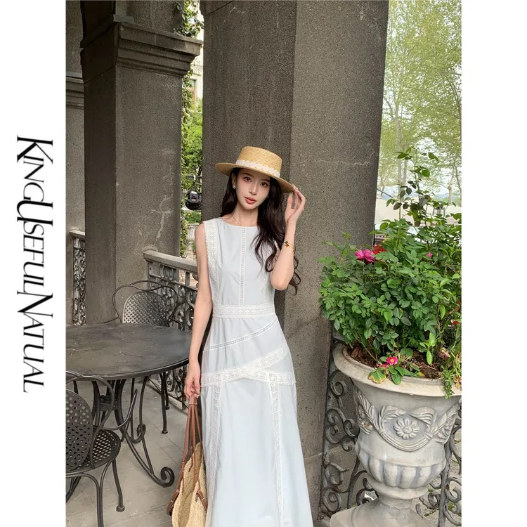 KUN【巴黎之恋】蓝白记忆 全棉蕾丝换季春款后中隐拉背心连衣裙