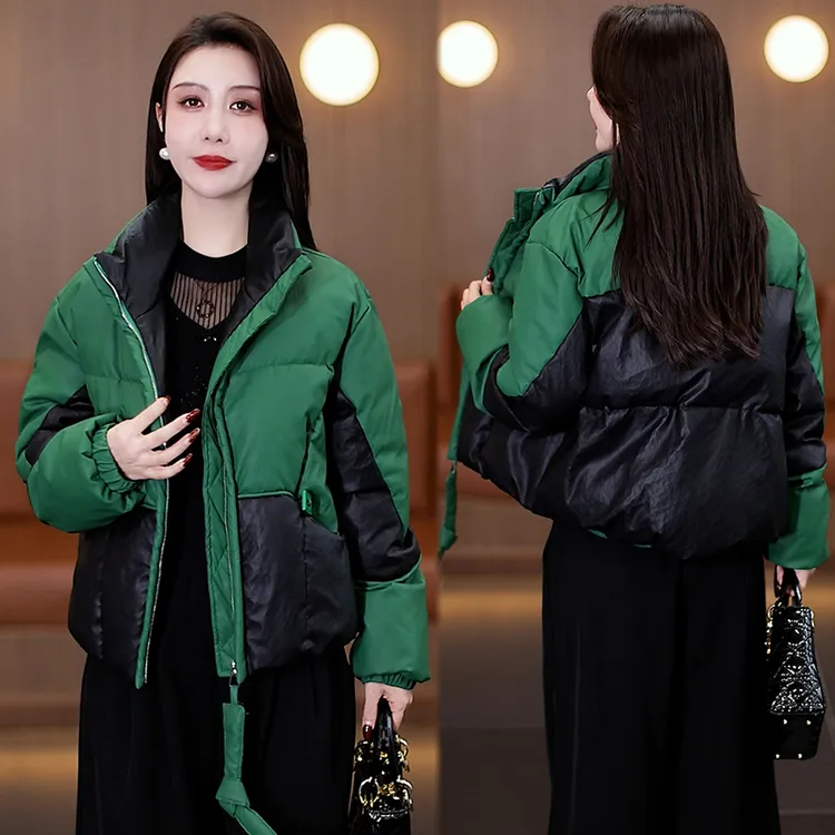 时尚短款pu皮棉服女2025冬季新款洋气撞色加厚保暖面包服棉袄外套