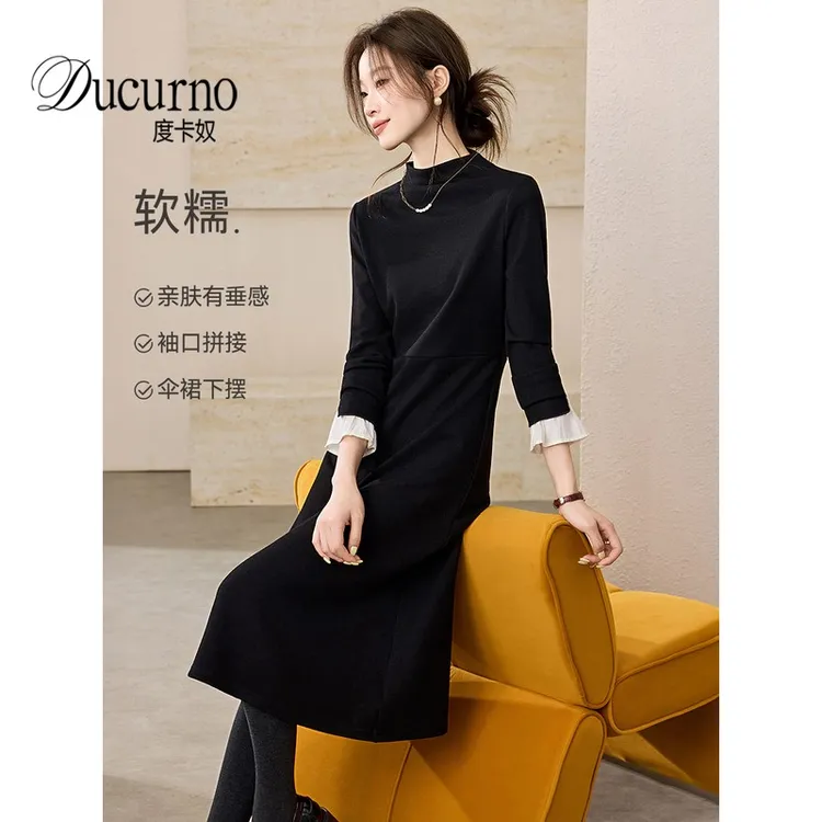 优雅收腰撞色气质裙子2026冬季新款拼接袖口不规则裙摆连衣裙女装