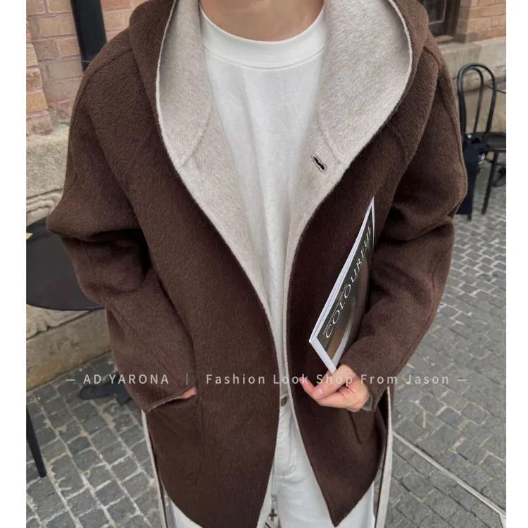 【素系列·半岛】100初剪双面羊毛双面穿连帽外套男士中长款大衣