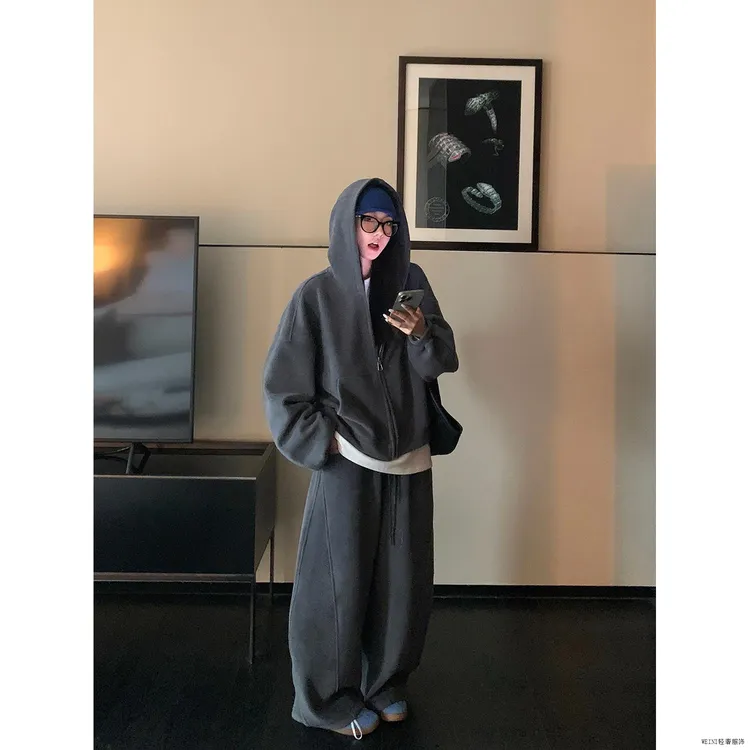 女冬季网红款连帽加绒加厚卫衣外套慵懒美式复古风休闲宽松上衣