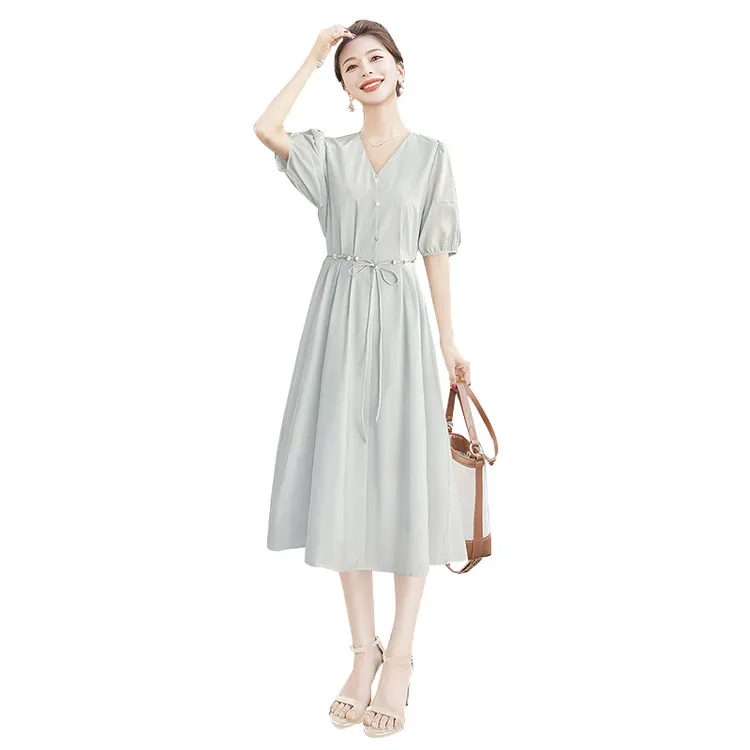 丝柏舍2025夏季新款女装收腰系带温柔纯色中长V领连衣裙S52B1498L